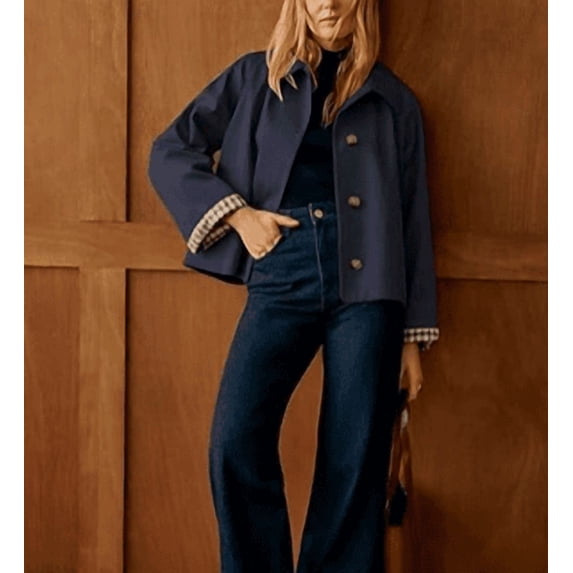 Women Oversize Trench Coat Plaid Lining Lapel Button Down Casual Crop Jacket Outwear with Pockets