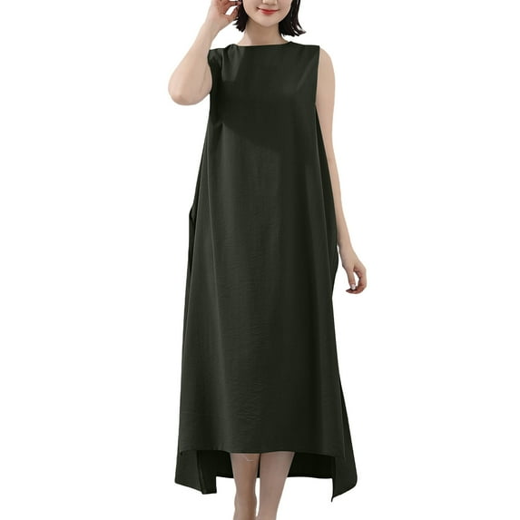 Women Oversized Baggy Dresses Sleeveless Split High Low Linen Dress with Pocket Cowl Neck Casual Long Maxi Dress Army Green, Free Size