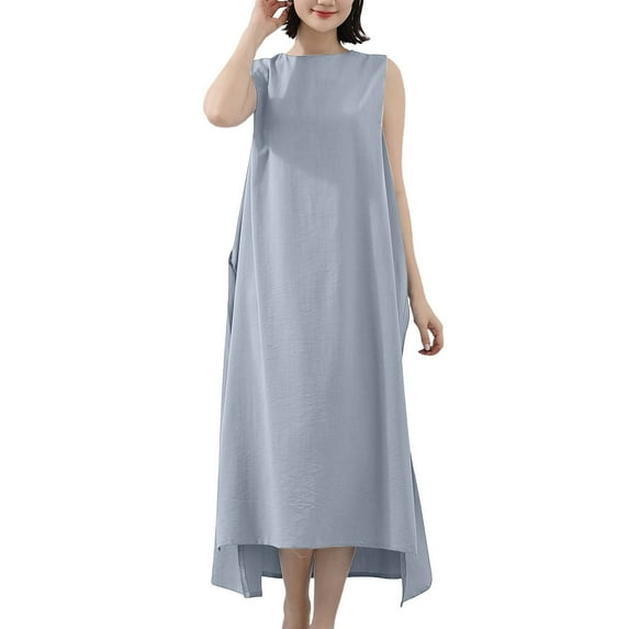 Women Oversized Baggy Dresses Sleeveless Split High Low Linen Dress with Pocket Cowl Neck Casual Long Maxi Dress Gray, Free Size