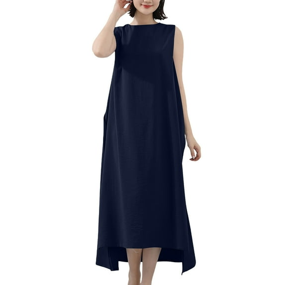 Women Oversized Baggy Dresses Sleeveless Split High Low Linen Dress with Pocket Cowl Neck Casual Long Maxi Dress Navy, Free Size