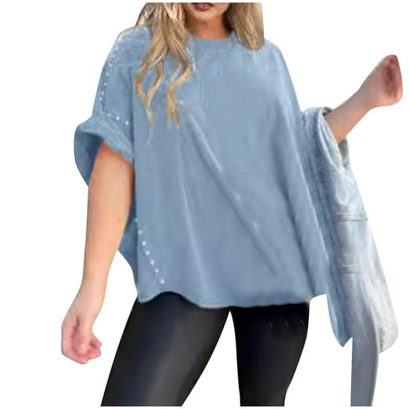 ZQUUVOU Women Oversized Batwing Short Sleeve Tops Summer Irregular Hem Casual T Shirts Loose Fit Tees Blue