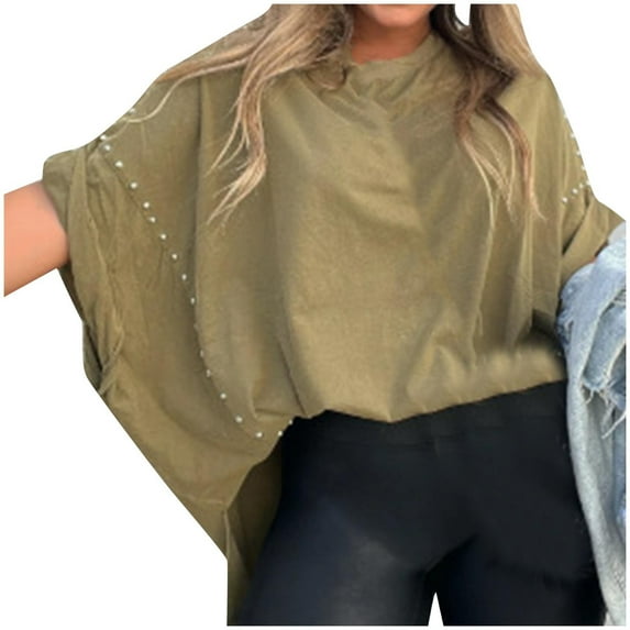 ZQUUVOU Women Oversized Batwing Short Sleeve Tops Summer Irregular Hem Casual T Shirts Loose Fit Tees Green