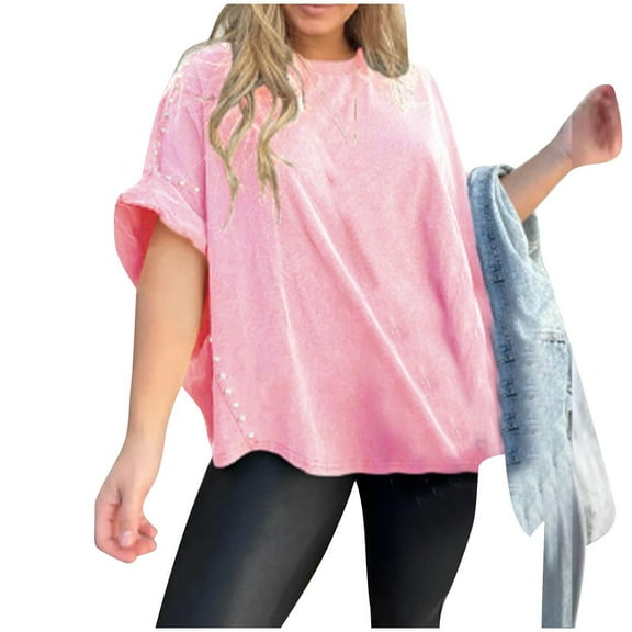 ZQUUVOU Women Oversized Batwing Short Sleeve Tops Summer Irregular Hem Casual T Shirts Loose Fit Tees Pink