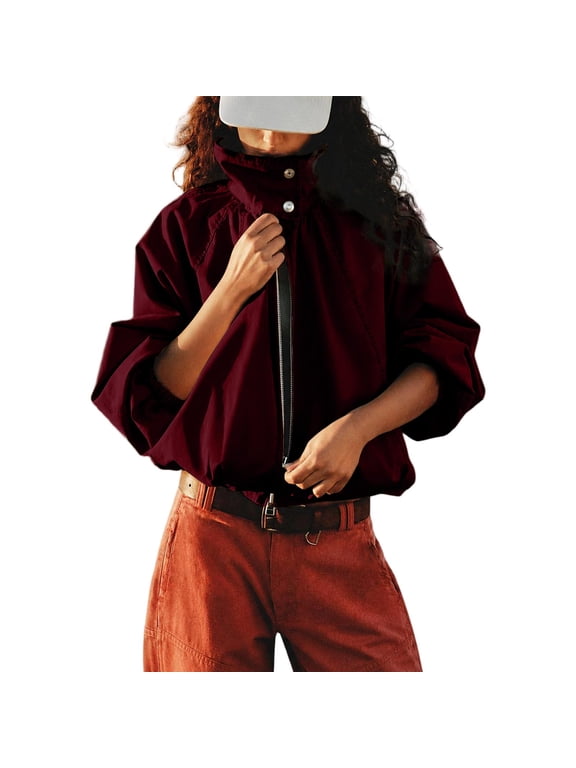 Women Oversized Bomber Jacket Funnel Neck Zip Up Batwing Sleeve Fall Outerwear Coats Casual Outfits with Pockets S