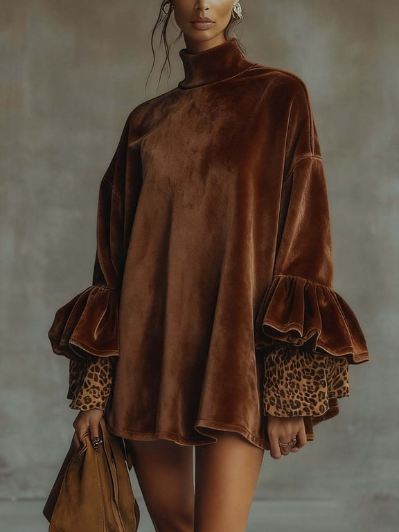 Women Oversized Brown Velvet Turtleneck Tunic Double Layer Leopard Ruffle Cuff Loose Mini Dress Top