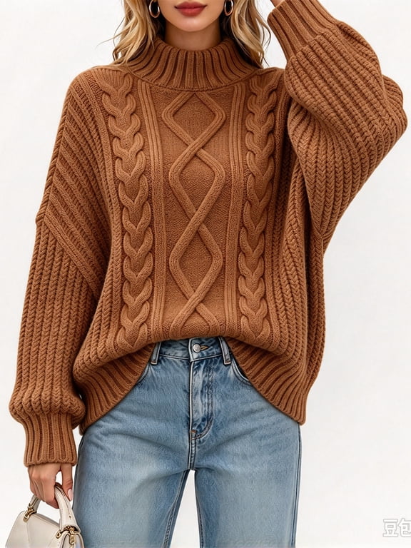 Women Oversized Cable Knit Sweaters Fall Winter Turtleneck Chunky Pullover
