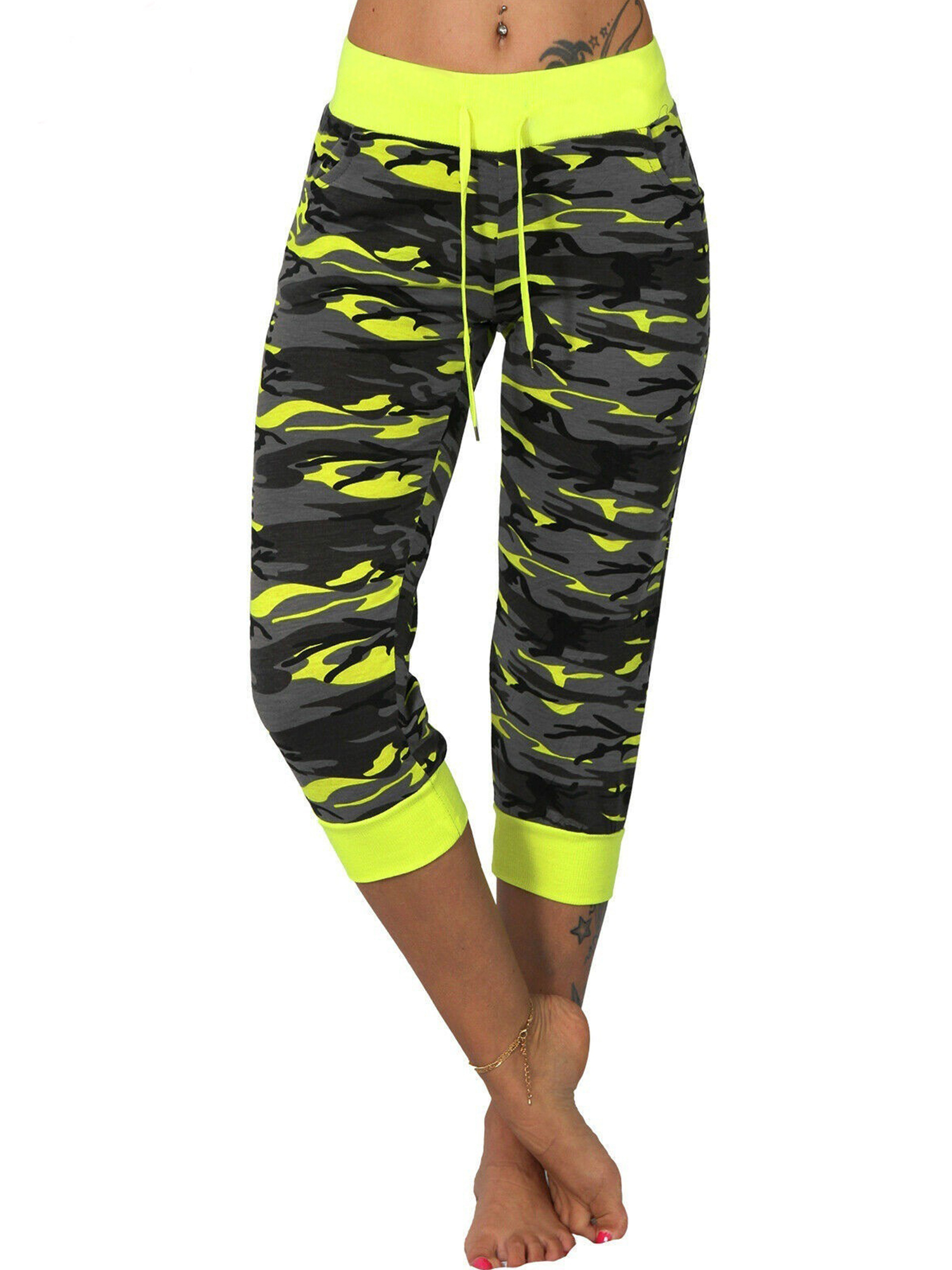 Women Oversized Camo Running Fitness Leggings Pants Skinny Crop Leg Pants Tummy Control Pockets Jegging Capris for Ladies Active Workout Trousers - image 1 of 2