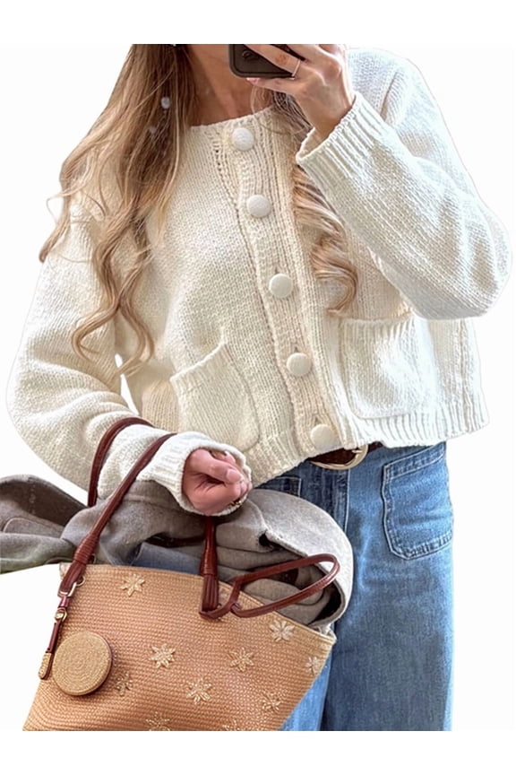 Women Oversized Cardigan Button Up Long Lantern Sleeve Chunky Knit Casual Soft Fall Sweater Coats Cream White M
