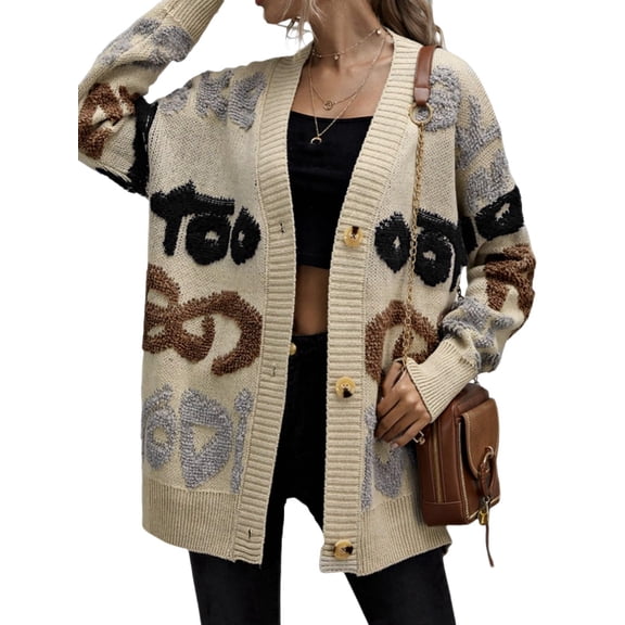 Women Oversized Cardigan Sweater Chunky Button Down Letter Print Open Front Cardigan Streetwear Apricot Color L