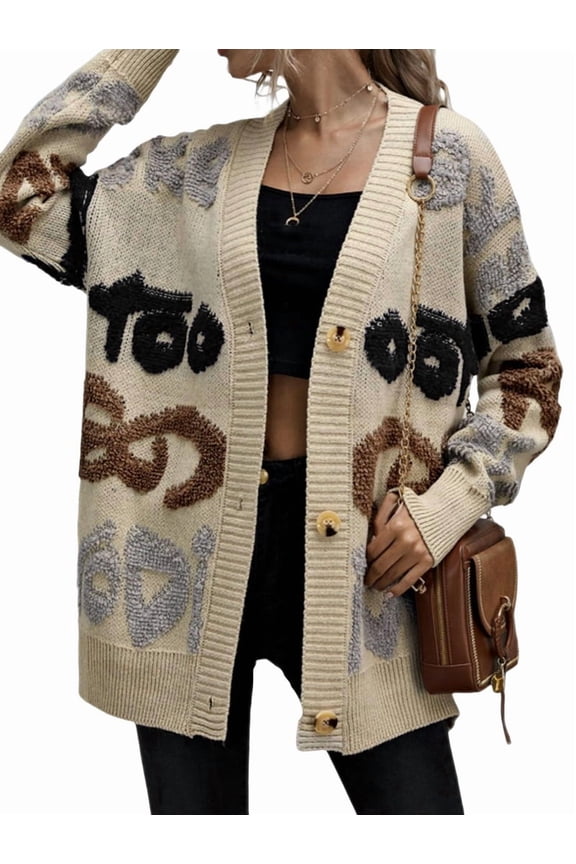 Women Oversized Cardigan Sweater Chunky Button Down Letter Print Open Front Cardigan Streetwear Apricot Color XL