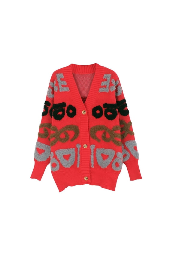 Women Oversized Cardigan Sweater Chunky Button Down Letter Print Open Front Cardigan Streetwear Red M