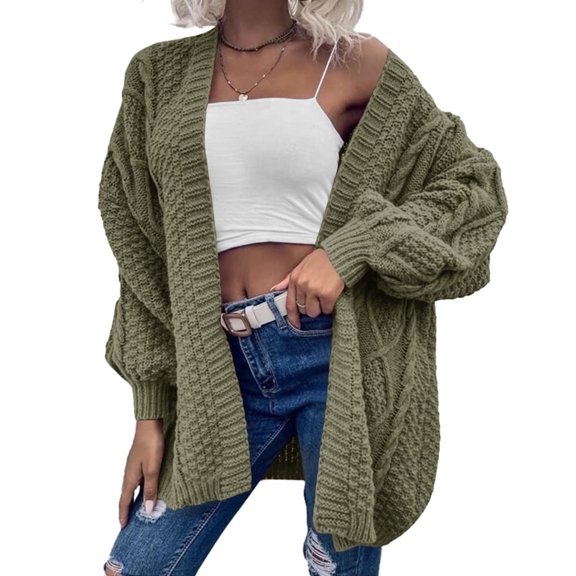 Women Oversized Cardigan Sweater Front Open Knitted Lantern Long Sleeve Thick Jacket
