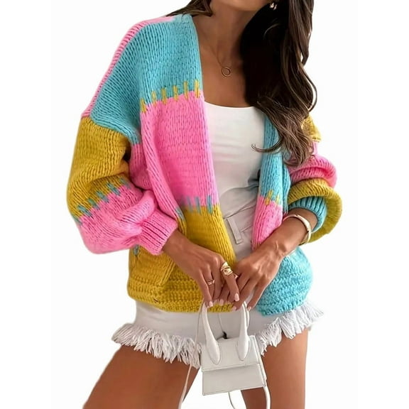 Women Oversized Cardigan Sweaters Open Front Color Block Lantern Long Sleeve Striped Knit Outwear Coats Pink XL