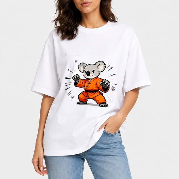 Women Oversized Casual Cotton Tee, Cartoon Kung‑Fu Koala Orange Martial‑Arts Uniform Drop‑Shoulder T‑Shirt