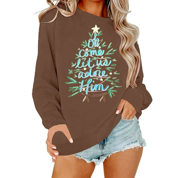 Women Oversized Christmas Sweatshirts Holiday Trendy Xmas Tree Graphic Pullover Tops Casual Long Sleeve Round Neck Loose Blouses