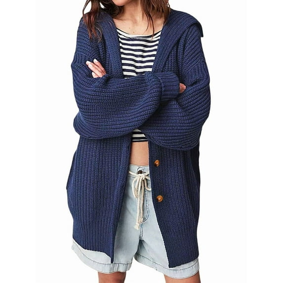 Women Oversized Chunky Knit Open Front Cardigan Sweater Button Up Rib Knitted Sweater Jacket Fall Dark Blue L