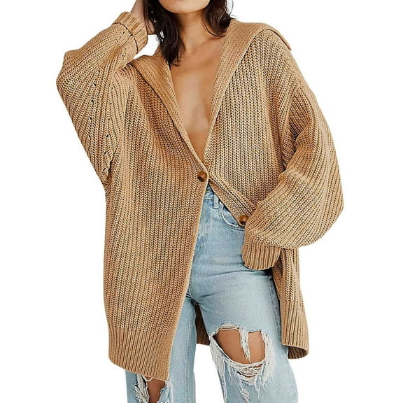 Women Oversized Chunky Knit Open Front Cardigan Sweater Button Up Rib Knitted Sweater Jacket Fall Khaki L