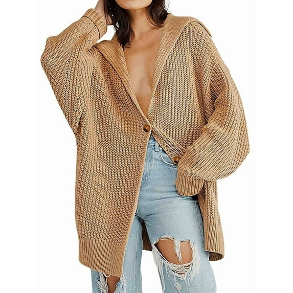 Women Oversized Chunky Knit Open Front Cardigan Sweater Button Up Rib Knitted Sweater Jacket Fall Khaki S