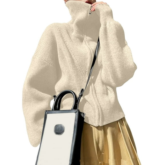 Women Oversized Chunky Knit Zipper Long Sleeve Jacket Fall Stand Collar Casual Cardigan Sweaters Cream White One Size