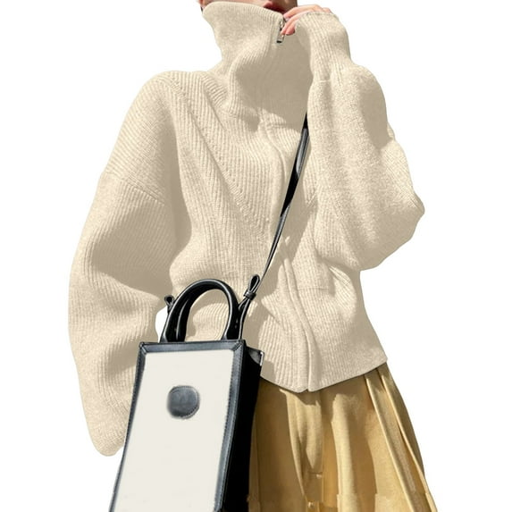 Women Oversized Chunky Knit Zipper Long Sleeve Jacket Fall Stand Collar Casual Cardigan Sweaters Cream White One Size