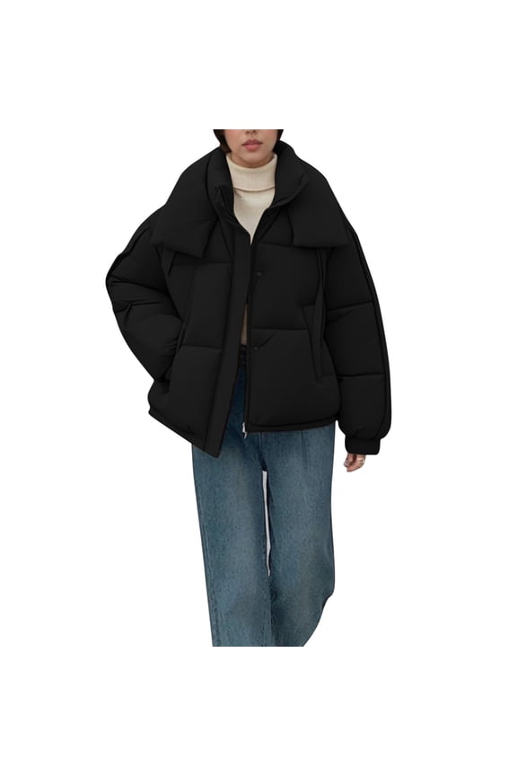 Women Oversized Coat Winter Jacket Short Down Padded Jacket Parka Quilted Puffer Coat Chunky Overcoat Solid Long Sleeve Outwear Casual Relaxed Peacoat(Black,L)