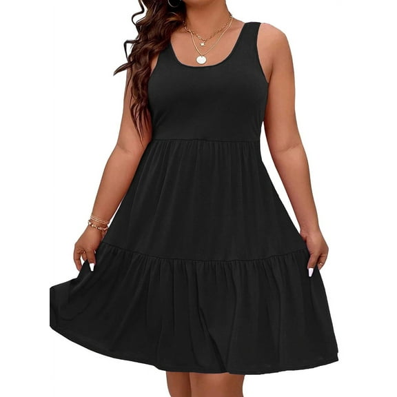 Women Oversized Cold Shoulder Soild Sleeveless Sundresses Ruffle Hem Tiered Short Dresses Black XXXL