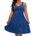 thumbnail image 1 of Women Oversized Cold Shoulder Soild Sleeveless Sundresses Ruffle Hem Tiered Short Dresses Blue 4XL, 1 of 5