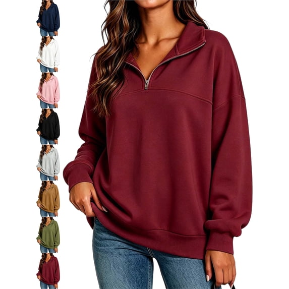 Women Oversized Collared Half Zip Sweatshirt Pullover Long Sleeve Basic Casual Fall Winter Top