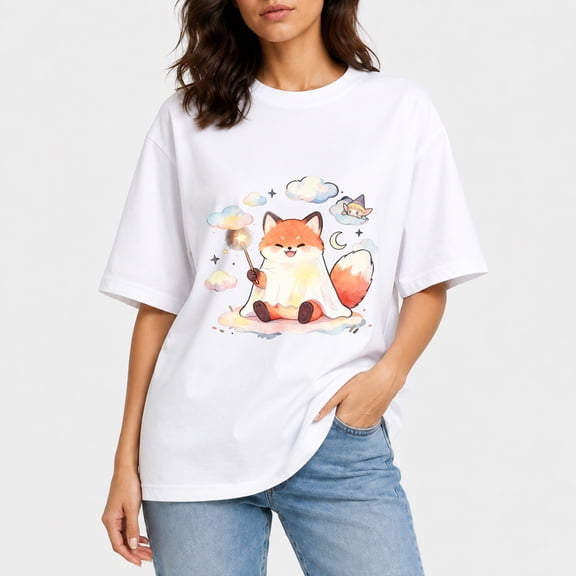 Women Oversized Cotton T‑Shirt, Watercolor Ghost Fox Wizard Magic Wand Cloud Elf Drop‑Shoulder Casual Tee