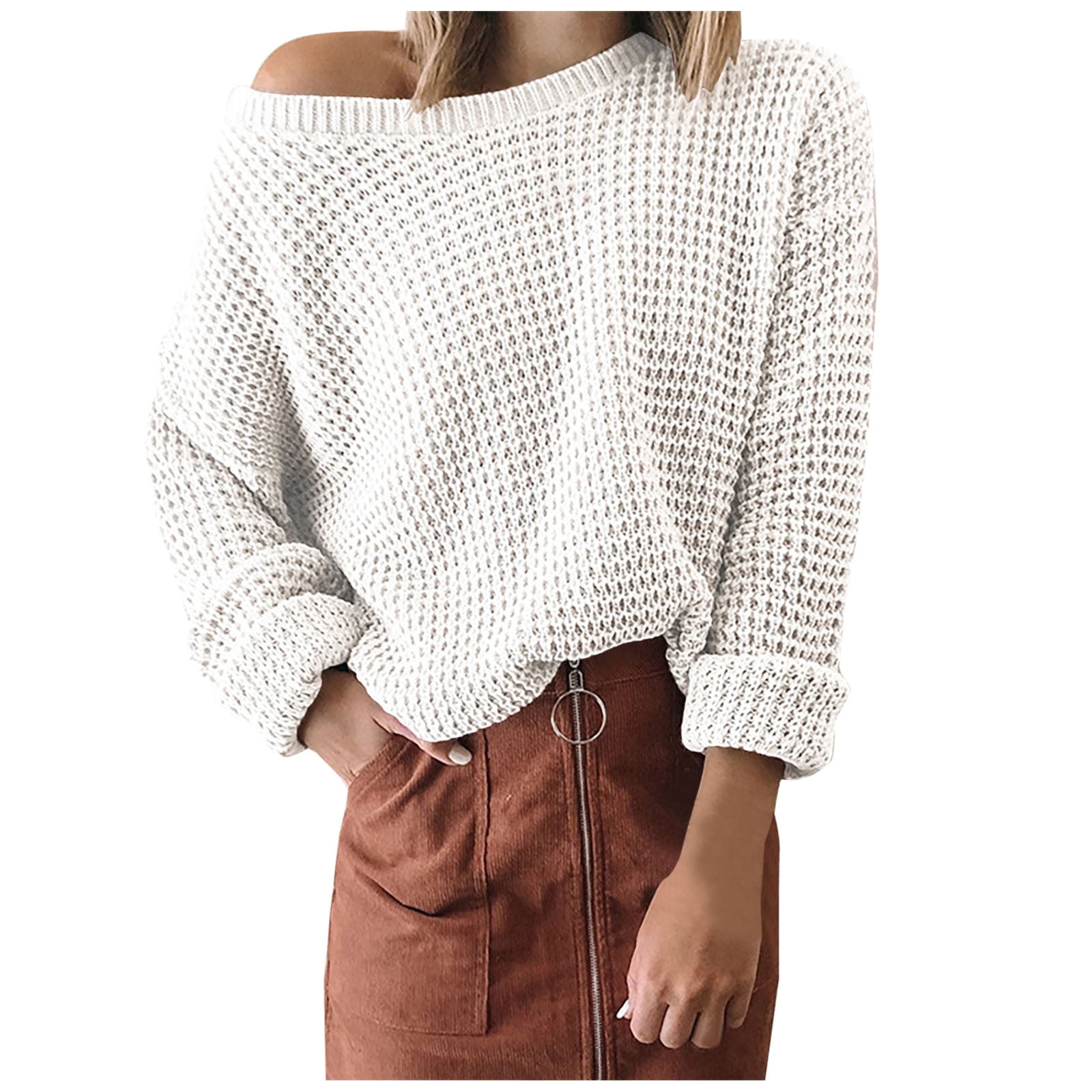 Women Oversized Crew Neck Sweaters Waffle Knitted Pullover Long Sleeve Winter Spring Tops Loose Casual Sweatshirts (Medium, White)