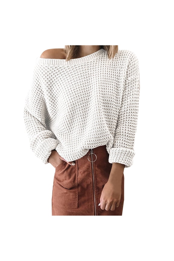 Women Oversized Crew Neck Sweaters Waffle Knitted Pullover Long Sleeve Winter Spring Tops Loose Casual Sweatshirts (Small, White)