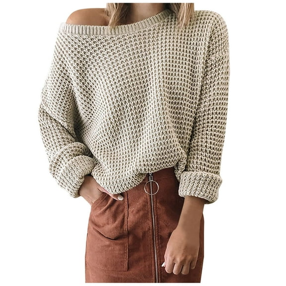 Women Oversized Crew Neck Sweaters Waffle Knitted Pullover Long Sleeve Winter Spring Tops Loose Casual Sweatshirts (X-Large, Beige)
