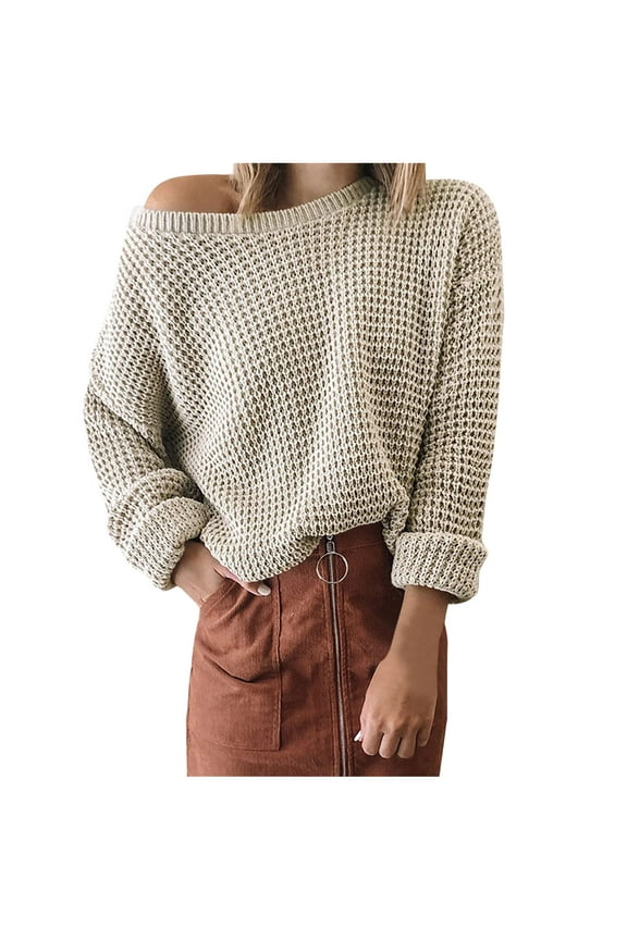 Women Oversized Crew Neck Sweaters Waffle Knitted Pullover Long Sleeve Winter Spring Tops Loose Casual Sweatshirts (X-Large, Beige)