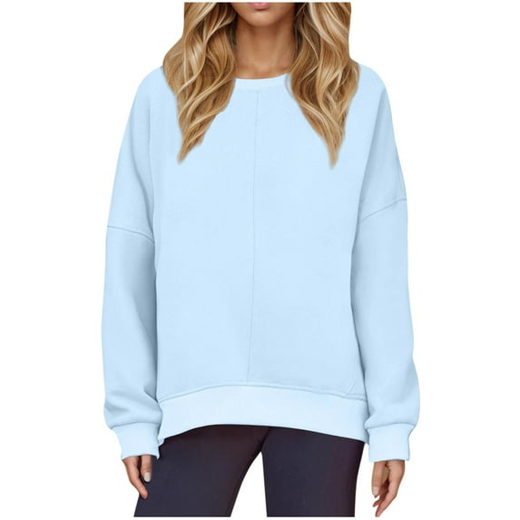 Women Oversized Crew Neck Sweatshirt Cozy Plain Pullover Sweater Drop Shoulder Long Sleeve Fall Casual Jumpers (L, Light Blue)