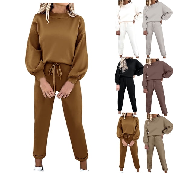 Women Oversized Crew Neck Sweatshirt Jogger Pants Set Drawstring Casual Daily Loungewear Sports Outfits Coffee 3XL