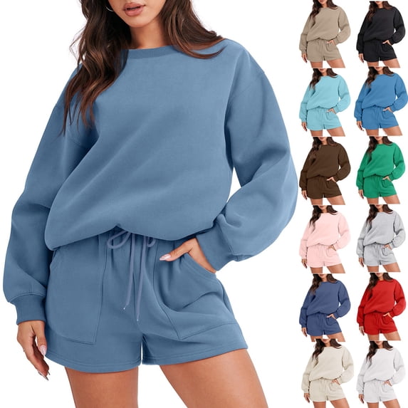 Women Oversized Crew Neck Sweatshirt Short Set Drawstring Short Sweatsuit with Pockets Soft Casual Daily Loungewear Outfits Blue 2 Piece Sports Sweatsuit XL
