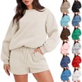 thumbnail image 1 of Women Oversized Crew Neck Sweatshirt Short Set Drawstring Short Sweatsuit with Pockets Soft Casual Daily Loungewear Outfits Khaki M, 1 of 10