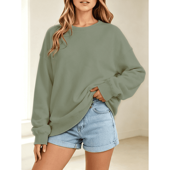 Women Oversized Crew Neck Sweatshirt, Solid Color Long Sleeve Loose Fit Fleece Casual Pullover Top for Daily Wear