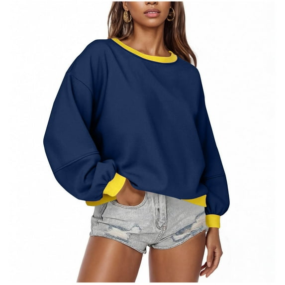 Women Oversized Crewneck Sweatshirt Drop Shoulder Long Sleeve Colorblock Casual Pullover Spring Fall Winter Tops (2XL, Navy)