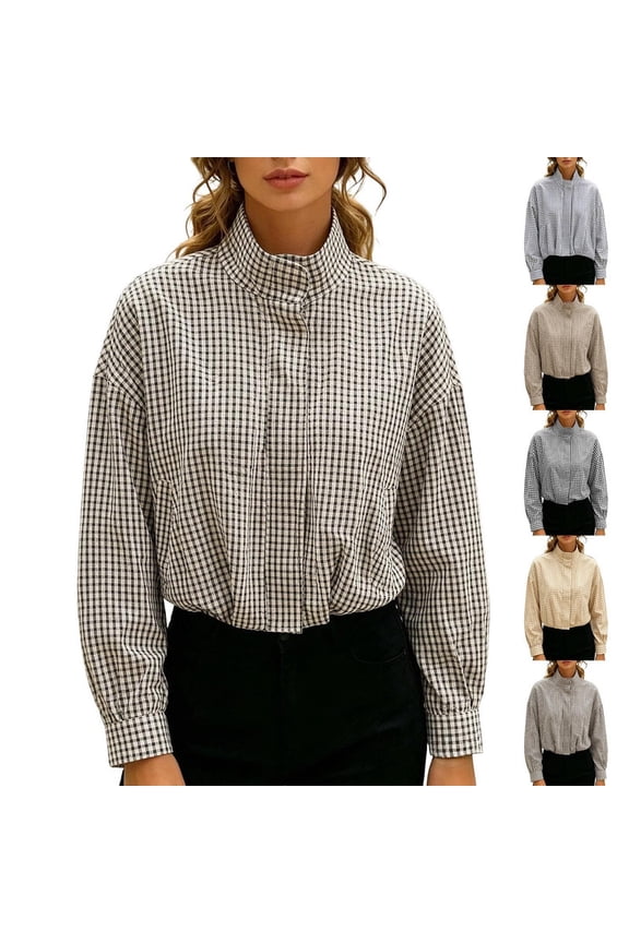 Women Oversized Cropped Gingham Jacket,Stand Collar with Batwing Sleeves Casual Coat,Loose Lightweight Spring Fall Jackets with Pockets,Windbreaker Coats