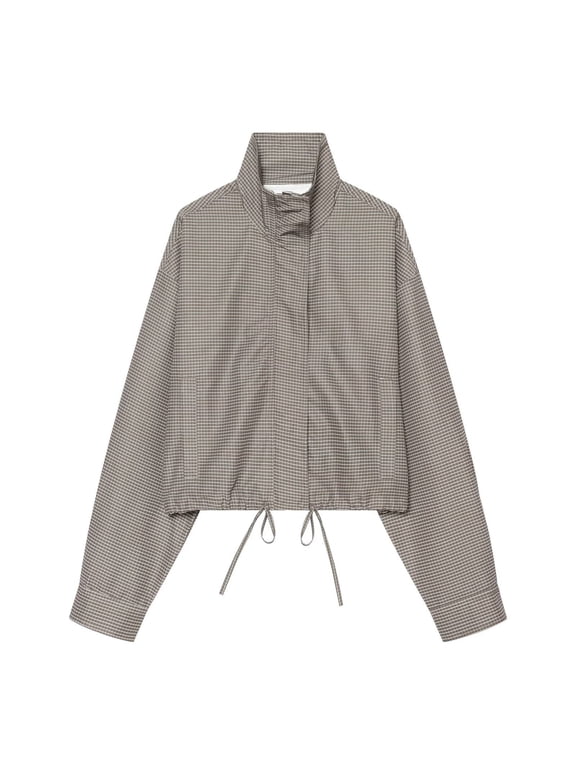 Women Oversized Cropped Gingham Jacket,Zip Up Stand Collar with Batwing Sleeves,Lightweight Bomber Plaid Coat with pockets,Funnel Neck Drawstring Hem,Windbreaker,Casual Coat Spring Fall Khaki