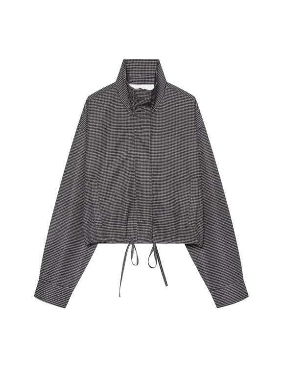 Women Oversized Cropped Gingham Jacket,Zip Up Stand Collar with Batwing Sleeves,Lightweight Bomber Plaid Coat with pockets,Funnel Neck Drawstring Hem,Windbreaker,Casual Coat Spring Fall Black