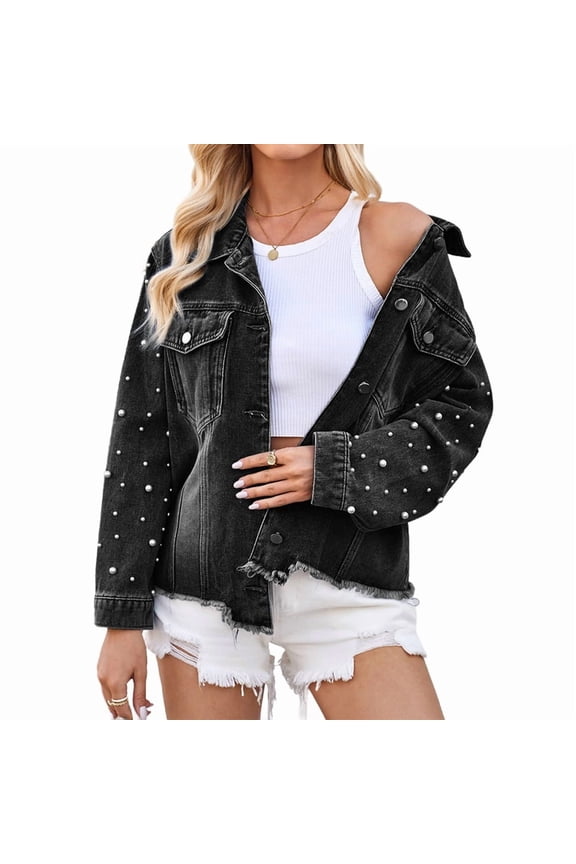 Women Oversized Denim Jacket Beading Jeans Coat
