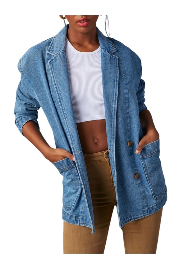 Women Oversized Denim Jacket Casual Button Up Blazer Notched Lapel Jean Shacket Coat Blue S