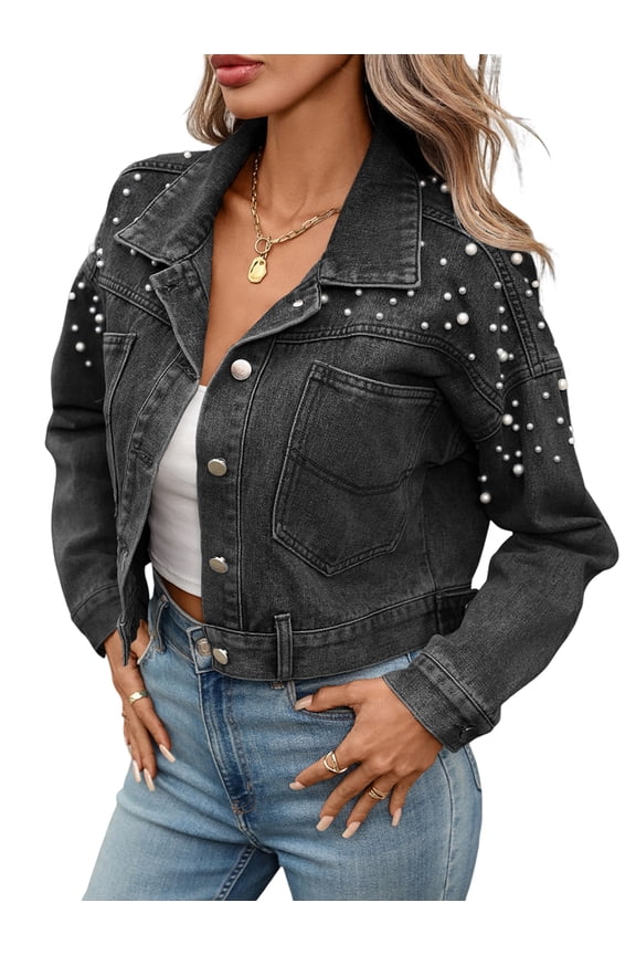 Women Oversized Denim Jacket Embroidered Beading Jeans Coat Black & Gray XL