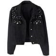 thumbnail image 1 of Women Oversized Denim Jacket Embroidered - Beading Jeans Coat Black S, 1 of 5