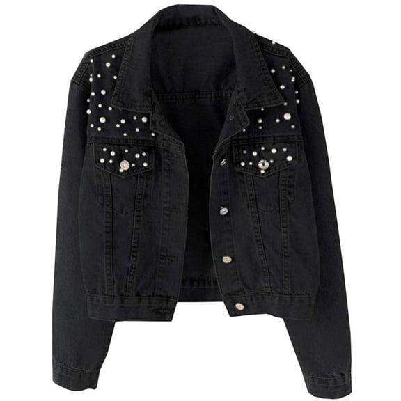 Women Oversized Denim Jacket Embroidered - Beading Jeans Coat Black S