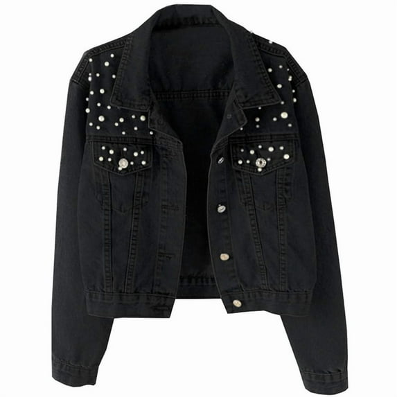 Women Oversized Denim Jacket Embroidered - Beading Jeans Coat Black XL