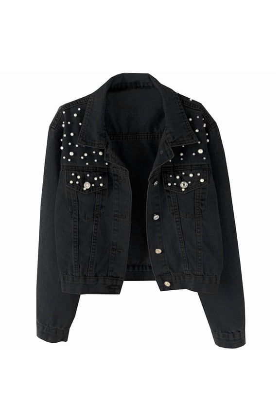 Women Oversized Denim Jacket Embroidered - Beading Jeans Coat Black XXL