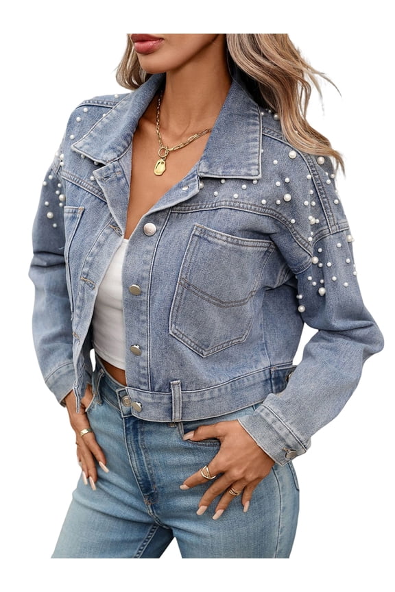 Women Oversized Denim Jacket Embroidered Beading Jeans Coat Blue L